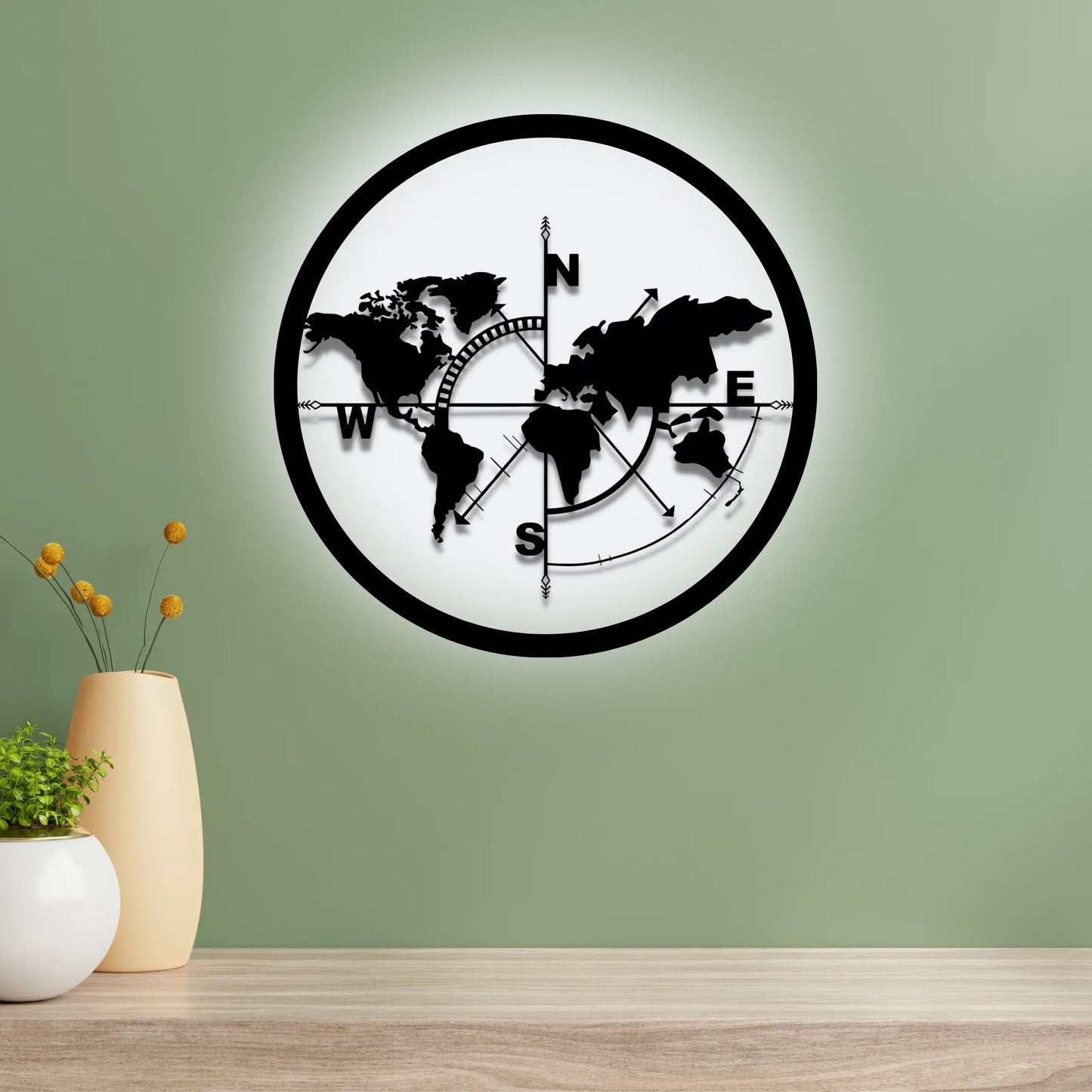 World map compass Wooden Wall Hanging